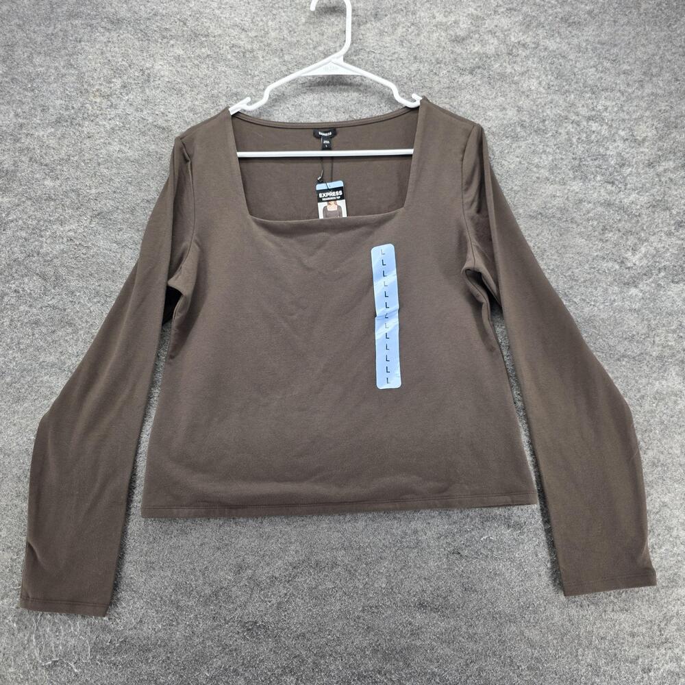 Express Tunic T-Shirt Womens L Brown Square Neck Long Sleeve Jersey Stretch